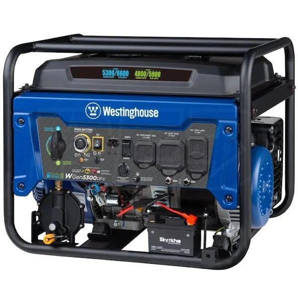 westinghouse wgen5300dfc – 5300 watt electric start dual fuel portable generators w/ wireless remotes start, rv outlet & co sensor (49 state) westinghouse wgen5300dfc – 5300 watt electric start dual fuel portable generators w/ wireless remotes start, rv outlet & co sensor (49 state)