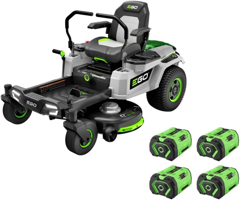 ego power+ electric riding lawn mower, 42″ deck with zero turn radius, includes (4) 56v 10.0ah batteries and charger zt4204l ego power+ electric riding lawn mower, 42″ deck with zero turn radius, includes (4) 56v 10.0ah batteries and charger zt4204l