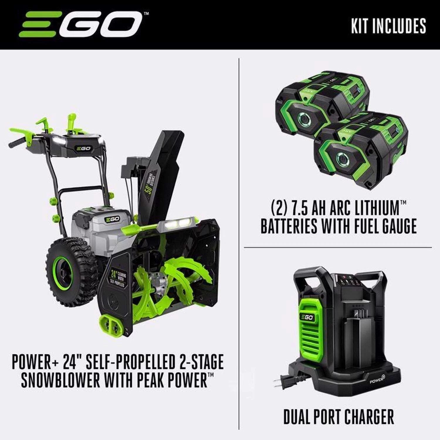 ego power+ snt2405 24 in. two stage 56 v battery snow blower kit (battery & charger) w/ two 7.5 ah batteries ego power+ snt2405 24 in. two stage 56 v battery snow blower kit (battery & charger) w/ two 7.5 ah batteries