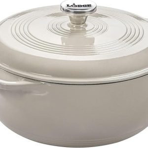 lodge essential enamel cast iron dutch oven – perfect for bread baking, braising, marinating & slow cooking – features moisture sealing lid & dual handles – kitchen essentials – 6 quarts – oyster white