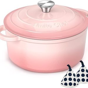 umite chef 5qt enameled cast iron dutch oven pot with lid, heavy duty cookware for bread baking, braising, stews, roasting, wedding registry ideas & gifts (pink)
