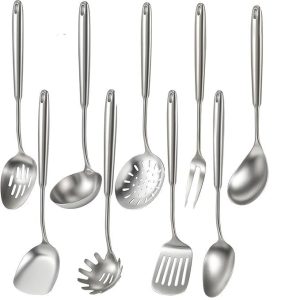 newness 9 pcs cooking utensils set, 304 stainless steel kitchen utensils set, metal kitchen accessories, include soup ladle, slotted skimmer spoon, spaghetti spoon and spatula, dishwasher safe