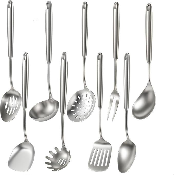 newness 9 pcs cooking utensils set, 304 stainless steel kitchen utensils set, metal kitchen accessories, include soup ladle, slotted skimmer spoon, spaghetti spoon and spatula, dishwasher safe newness 9 pcs cooking utensils set, 304 stainless steel kitchen utensils set, metal kitchen accessories, include soup ladle, slotted skimmer spoon, spaghetti spoon and spatula, dishwasher safe