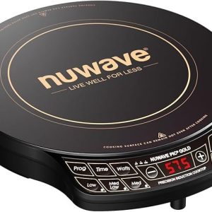 nuwave precision induction cooktop gold, 12” shatter proof ceramic glass surface, large 8” heating coil, portable, 51temp settings 100°f to 575°f, 3 wattage settings 600, 900, and 1500 watts