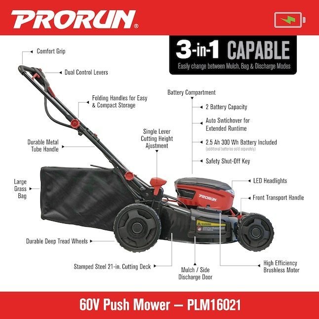 prorun 60v 21 in. steel deck cordless push lawn mower with 2.5 ah battery and charger prorun 60v 21 in. steel deck cordless push lawn mower with 2.5 ah battery and charger