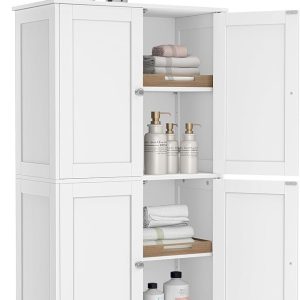 vasagle floor storage cabinet, shaker cabinet with 2 adjustable shelves, 4 doors, tall freestanding organizer unit, for kitchen bathroom living room, cloud white ubbc553wh01s