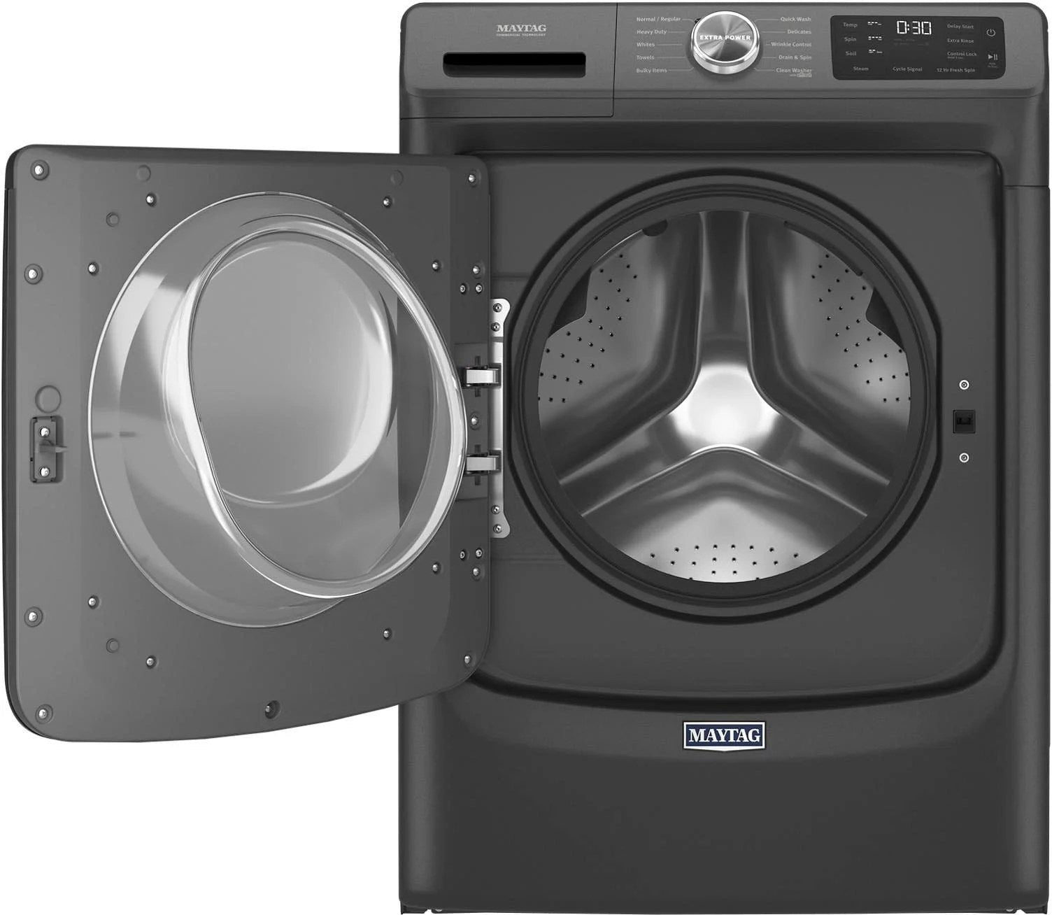 maytag – 4.5 cu. ft. high efficiency stackable front load washer with steam and extra power button – volcano black maytag – 4.5 cu. ft. high efficiency stackable front load washer with steam and extra power button – volcano black