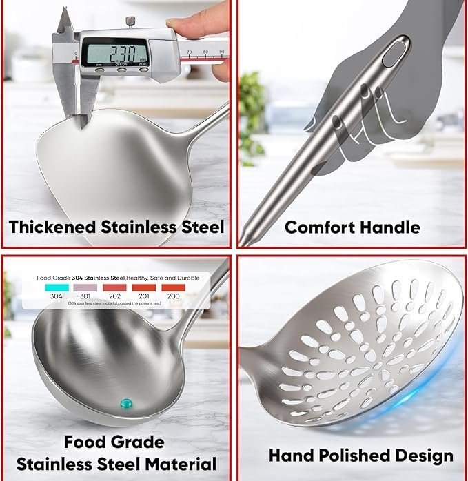 newness 9 pcs cooking utensils set, 304 stainless steel kitchen utensils set, metal kitchen accessories, include soup ladle, slotted skimmer spoon, spaghetti spoon and spatula, dishwasher safe newness 9 pcs cooking utensils set, 304 stainless steel kitchen utensils set, metal kitchen accessories, include soup ladle, slotted skimmer spoon, spaghetti spoon and spatula, dishwasher safe
