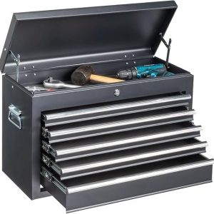 winado 24″ portable metal tool box, 5 drawers toolbox with top storage tray, carry handle, ball bearing runners, lockable tool chest cabinet for garage, warehouse, repair shop & home, black