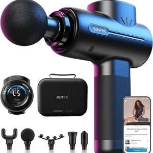 renpho active+ percussion massage gun, mothers day gifts, 5 adjustable speeds for back, neck, muscle recovery – app controlled guided courses, with carry case for professional athlete, gym and travel