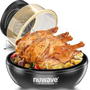 nuwave air fryer infrared convection oven, cook fresh or frozen, no defrosting or preheating, 360 surround heat, cooking from 50 to 400 degrees, 100 presets, 50 memory, 360 food easy view, pfas free