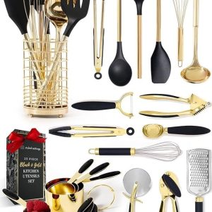 black and gold kitchen utensils set – 23 piece luxury kitchen accessories includes gold measuring cups, spoons, silicone cooking utensils and tools for baking, cooking, and stylish kitchen decor