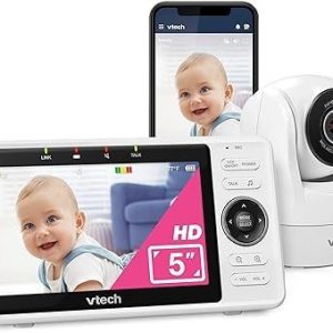 vtech vm901 smart wifi baby monitor with 1080p fhd camera and 5″ hd ips display, free app, remote pan tilt zoom, night vision, motion detection alerts