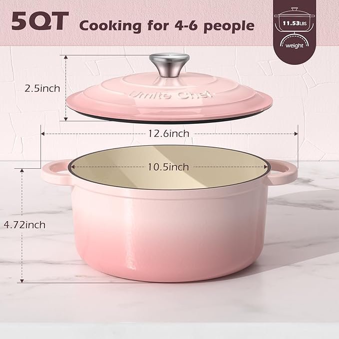 umite chef 5qt enameled cast iron dutch oven pot with lid, heavy duty cookware for bread baking, braising, stews, roasting, wedding registry ideas & gifts (pink) umite chef 5qt enameled cast iron dutch oven pot with lid, heavy duty cookware for bread baking, braising, stews, roasting, wedding registry ideas & gifts (pink)