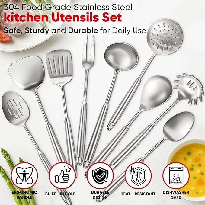 newness 9 pcs cooking utensils set, 304 stainless steel kitchen utensils set, metal kitchen accessories, include soup ladle, slotted skimmer spoon, spaghetti spoon and spatula, dishwasher safe newness 9 pcs cooking utensils set, 304 stainless steel kitchen utensils set, metal kitchen accessories, include soup ladle, slotted skimmer spoon, spaghetti spoon and spatula, dishwasher safe