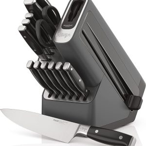 ninja knife set, knife sharpener, knife block set, stainless steel knives, 14 piece set, steak knives, chef knives and more, foodi neverdull, black, k32014