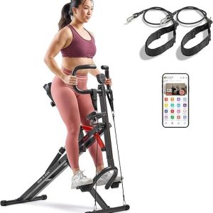 sunny health & fitness row n ride pro, full body combo squat machine w/optional resistance band, easy setup ab workout exercise equipment for home, whole body cardio, optional sunnyfit app connection