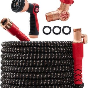 pocket hose 100 ft copper head expandable garden hose with pocket pivot, no tangles, as seen on tv, 360° swivel, tri tex tubing, force field jacket, lead free, no kink, anti burst w/apt