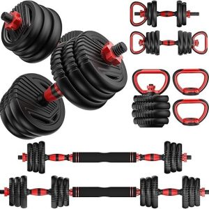 adjustable dumbbells, 20/30/45/70/90lbs free weight set with connector,5 in1 dumbbells set used as barbell,kettlebells,push up stand,fitness exercises for home gym suitable men/women