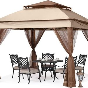 mastercanopy patio gazebo outdoor pop up gazebo with mesh walls (11×11,champagne)