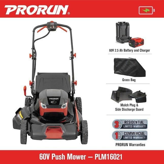 prorun 60v 21 in. steel deck cordless push lawn mower with 2.5 ah battery and charger prorun 60v 21 in. steel deck cordless push lawn mower with 2.5 ah battery and charger