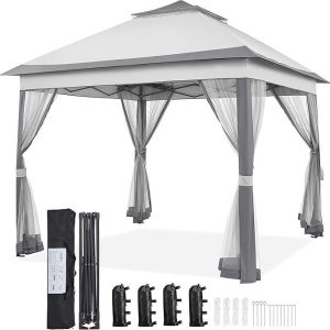 yaheetech 11×11 pop up gazebo outdoor canopy shelter, instant patio gazebo sun shade canopy tent with 4 sandbags, 2 tiers roof & mesh netting for lawn, garden, backyard & deck, gray