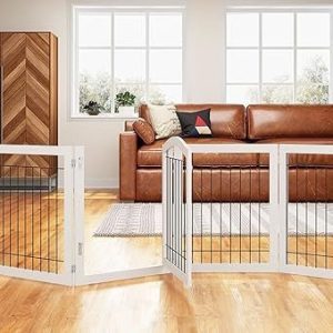 pawland 144 inch extra wide 30 inches tall dog gate with door walk through, freestanding wire pet gate for the house, doorway, stairs, pet puppy safety fence, support feet included, white,6 panels