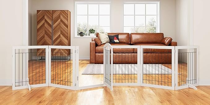 pawland 144 inch extra wide 30 inches tall dog gate with door walk through, freestanding wire pet gate for the house, doorway, stairs, pet puppy safety fence, support feet included, white,6 panels pawland 144 inch extra wide 30 inches tall dog gate with door walk through, freestanding wire pet gate for the house, doorway, stairs, pet puppy safety fence, support feet included, white,6 panels