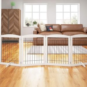 pawland extra wide dog gate for the house, doorway, stairs, dog fences indoor, freestanding foldable wooden pet gates for dogs, set of support feet included, 96 in wide 30 in tall, 4 panels white