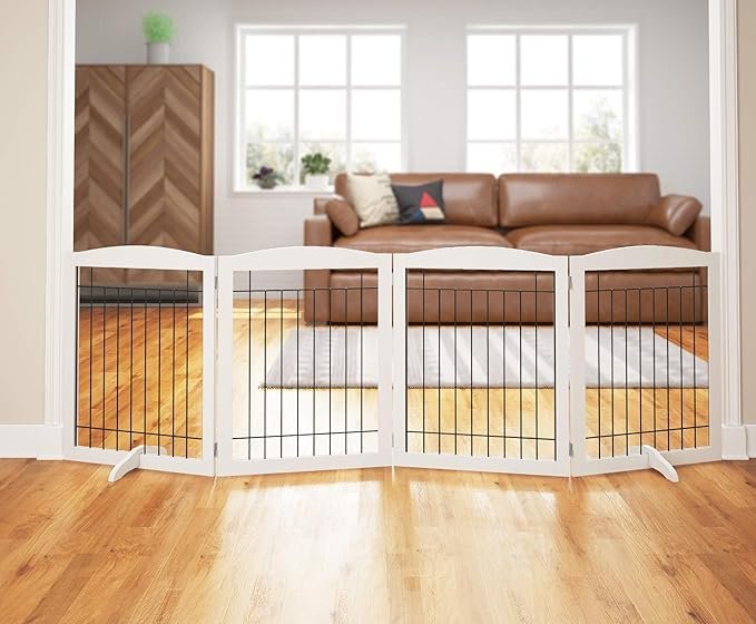 pawland extra wide dog gate for the house, doorway, stairs, dog fences indoor, freestanding foldable wooden pet gates for dogs, set of support feet included, 96 in wide 30 in tall, 4 panels white pawland extra wide dog gate for the house, doorway, stairs, dog fences indoor, freestanding foldable wooden pet gates for dogs, set of support feet included, 96 in wide 30 in tall, 4 panels white