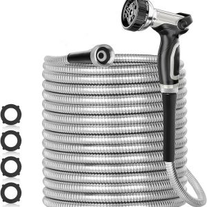 specilite 200ft 304 stainless steel garden hose metal, heavy duty water pipe with nozzles for yard, outdoor – flexible, never kink & tangle, puncture resistant (sliver)