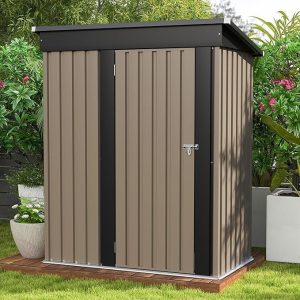 patiowell 5×3 ft outdoor storage shed, tool shed with sloping roof and lockable door, metal shed for backyard garden patio lawn, brown
