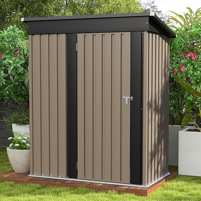 patiowell 5×3 ft outdoor storage shed, tool shed with sloping roof and lockable door, metal shed for backyard garden patio lawn, brown patiowell 5×3 ft outdoor storage shed, tool shed with sloping roof and lockable door, metal shed for backyard garden patio lawn, brown
