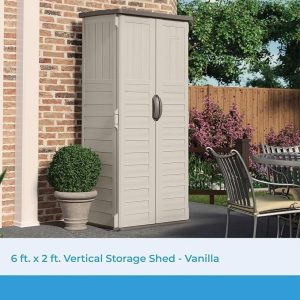 suncast vertical outdoor storage shed with all weather construction, vanilla