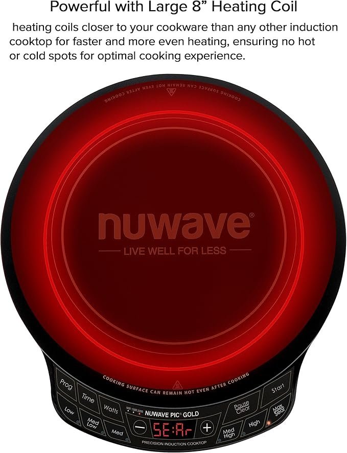 nuwave precision induction cooktop gold, 12” shatter proof ceramic glass surface, large 8” heating coil, portable, 51temp settings 100°f to 575°f, 3 wattage settings 600, 900, and 1500 watts nuwave precision induction cooktop gold, 12” shatter proof ceramic glass surface, large 8” heating coil, portable, 51temp settings 100°f to 575°f, 3 wattage settings 600, 900, and 1500 watts