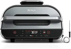 Collections ninja | indoor grill and air fryer| foodi smart xl | 6 in 1 grill, air fry, roast, bake, broil, dehydrate & crisp |smart thermometer & splatter shield | dishwasher safe parts | black/silver | fg551