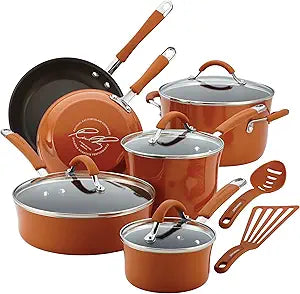 rachael ray cucina nonstick cookware pots and pans set, 12 piece, pumpkin orange
