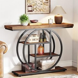 tribesigns 41.3″ console table, industrial 4 tier sofa table entryway table with circle base, narrow wood accent tables with storage shelves for living room, hallway, foyer, rustic brown