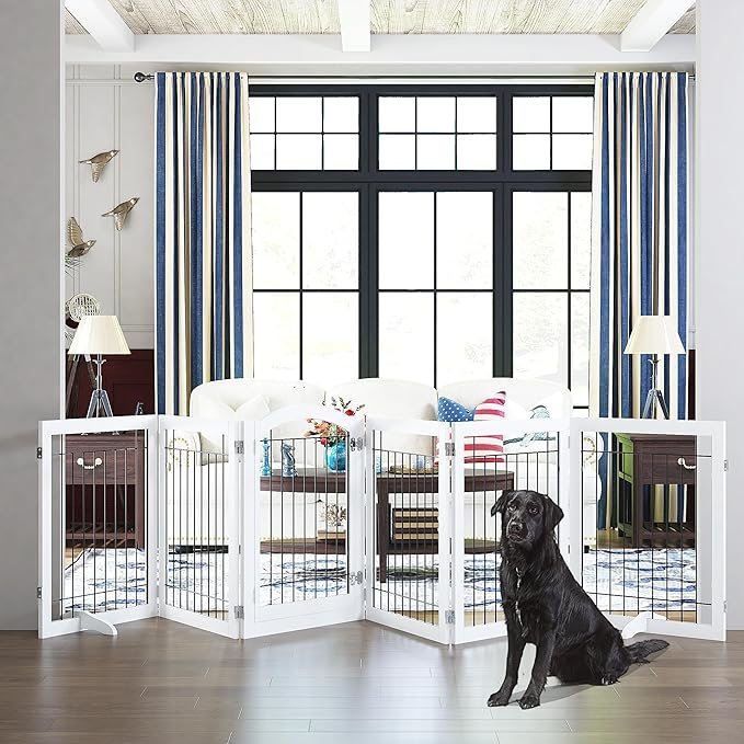 pawland 144 inch extra wide 30 inches tall dog gate with door walk through, freestanding wire pet gate for the house, doorway, stairs, pet puppy safety fence, support feet included, white,6 panels pawland 144 inch extra wide 30 inches tall dog gate with door walk through, freestanding wire pet gate for the house, doorway, stairs, pet puppy safety fence, support feet included, white,6 panels