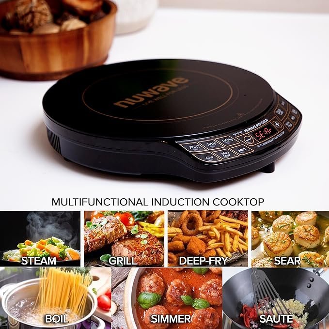 nuwave precision induction cooktop gold, 12” shatter proof ceramic glass surface, large 8” heating coil, portable, 51temp settings 100°f to 575°f, 3 wattage settings 600, 900, and 1500 watts nuwave precision induction cooktop gold, 12” shatter proof ceramic glass surface, large 8” heating coil, portable, 51temp settings 100°f to 575°f, 3 wattage settings 600, 900, and 1500 watts