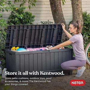 patiozen 100 gallon resin deck box, lockable patio outdoor storage box for furniture, garden tools and tools storage, waterproof outside storage boxes – black