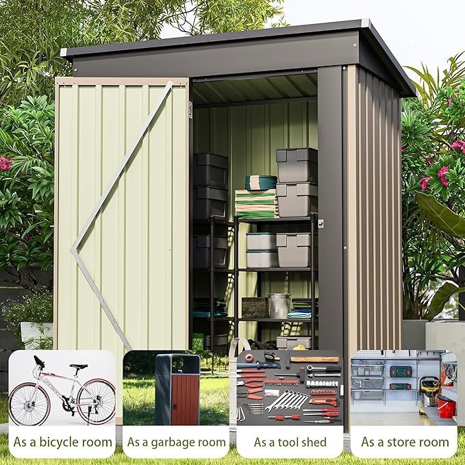 patiowell 5×3 ft outdoor storage shed, tool shed with sloping roof and lockable door, metal shed for backyard garden patio lawn, brown patiowell 5×3 ft outdoor storage shed, tool shed with sloping roof and lockable door, metal shed for backyard garden patio lawn, brown