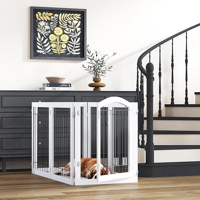 pawland 144 inch extra wide 30 inches tall dog gate with door walk through, freestanding wire pet gate for the house, doorway, stairs, pet puppy safety fence, support feet included, white,6 panels pawland 144 inch extra wide 30 inches tall dog gate with door walk through, freestanding wire pet gate for the house, doorway, stairs, pet puppy safety fence, support feet included, white,6 panels