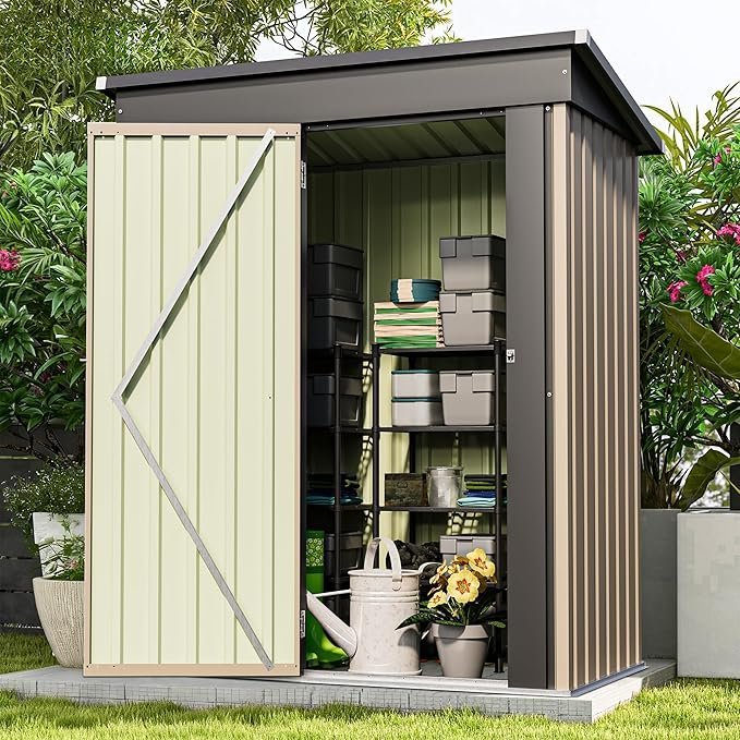 patiowell 5×3 ft outdoor storage shed, tool shed with sloping roof and lockable door, metal shed for backyard garden patio lawn, brown patiowell 5×3 ft outdoor storage shed, tool shed with sloping roof and lockable door, metal shed for backyard garden patio lawn, brown