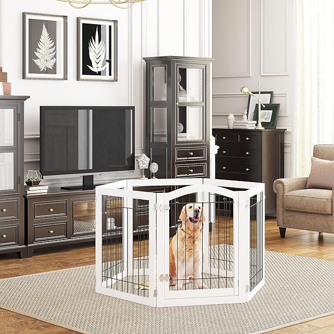 pawland 144 inch extra wide 30 inches tall dog gate with door walk through, freestanding wire pet gate for the house, doorway, stairs, pet puppy safety fence, support feet included, white,6 panels pawland 144 inch extra wide 30 inches tall dog gate with door walk through, freestanding wire pet gate for the house, doorway, stairs, pet puppy safety fence, support feet included, white,6 panels