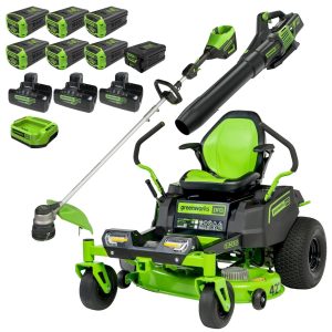 60v 42″ cordless battery crossoverz zero turn riding lawn mower 3 tool combo kit w/ (6) 8ah batteries, one(1) 2.5ah battery & four (4) chargers