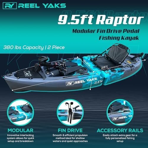reel yaks raptor modular fishing kayak – 9.5ft lightweight sit on top kayak for adults & youth – stable & portable, ideal space saving design for travel – 380lbs capacity reel yaks raptor modular fishing kayak – 9.5ft lightweight sit on top kayak for adults & youth – stable & portable, ideal space saving design for travel – 380lbs capacity