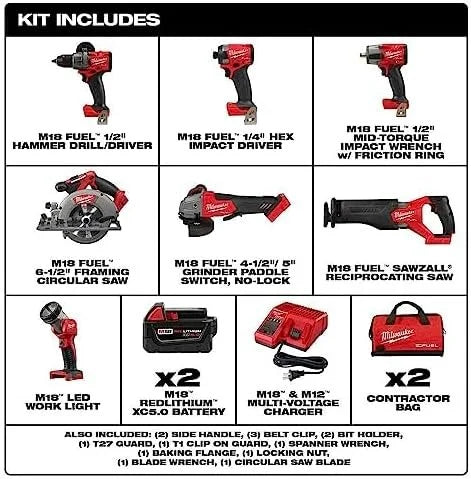 milwaukee m18 fuel 18v lithium ion brushless cordless combo kit with two 5.0 ah batteries, 1 charger, 2 tool bags (7 tool) milwaukee m18 fuel 18v lithium ion brushless cordless combo kit with two 5.0 ah batteries, 1 charger, 2 tool bags (7 tool)