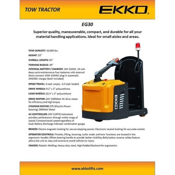electric tow tractor | 10,000 lbs capacity | height 53” | ekko eg30 electric tow tractor | 10,000 lbs capacity | height 53” | ekko eg30