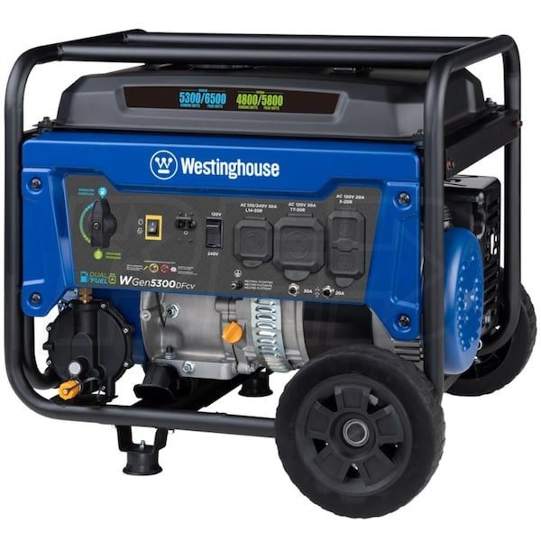 westinghouse wgen5300dfcv – 5300 watt dual fuel portable generator w/ rv outlet & co sensor (49 state) westinghouse wgen5300dfcv – 5300 watt dual fuel portable generator w/ rv outlet & co sensor (49 state)